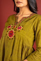 Mehendi green handloom panel with side gather top with thread and mirror work on neck with cotton tie and dye pant