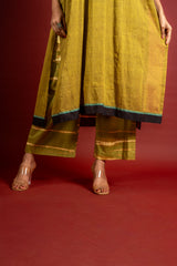 Mehendi green handloom panel with side gather top with thread and mirror work on neck with cotton tie and dye pant