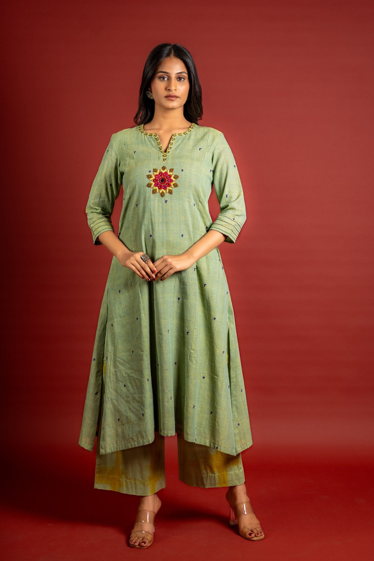 Sage green with blue dots handloom panel top with thread and mirror work and tie and dye pant