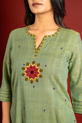 Sage green with blue dots handloom panel top with thread and mirror work and tie and dye pant