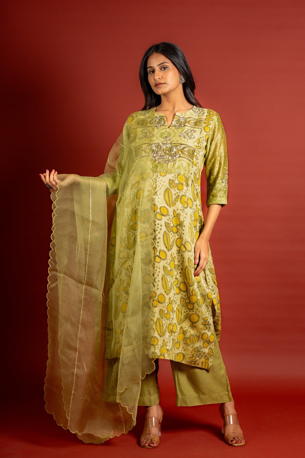 Light green Chanderi printed panel top with sequin work on yoke, organza dupatta with sequin work and rayon pant