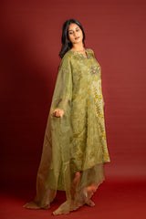 Light green Chanderi printed panel top with sequin work on yoke, organza dupatta with sequin work and rayon pant