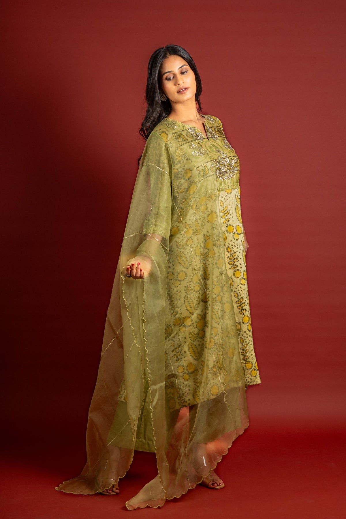 Light green Chanderi printed panel top with sequin work on yoke, organza dupatta with sequin work and rayon pant