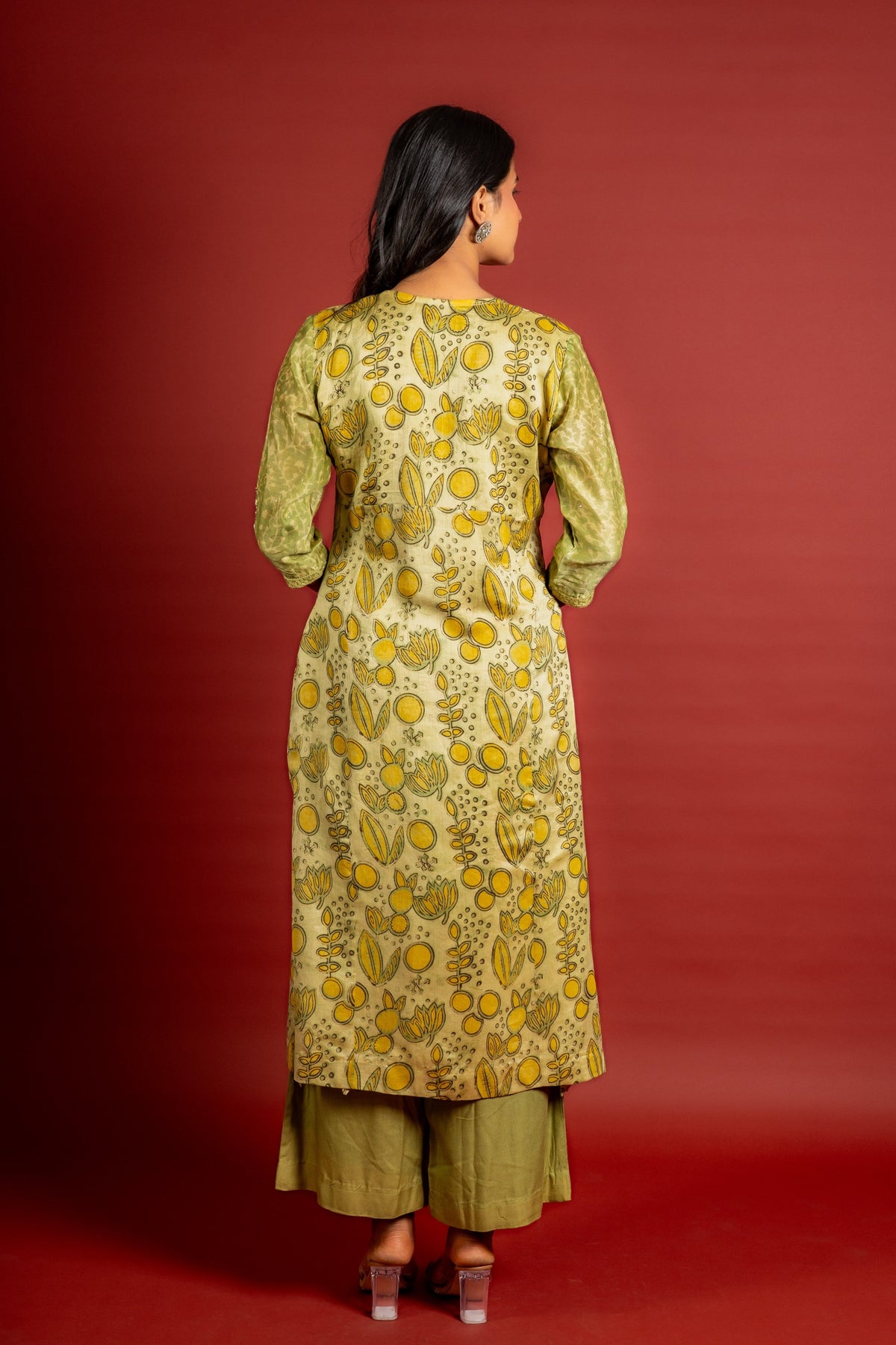 Light green Chanderi printed panel top with sequin work on yoke, organza dupatta with sequin work and rayon pant