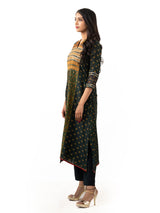 Ajrakh printed cotton chanderi dress paired with straight cut pants