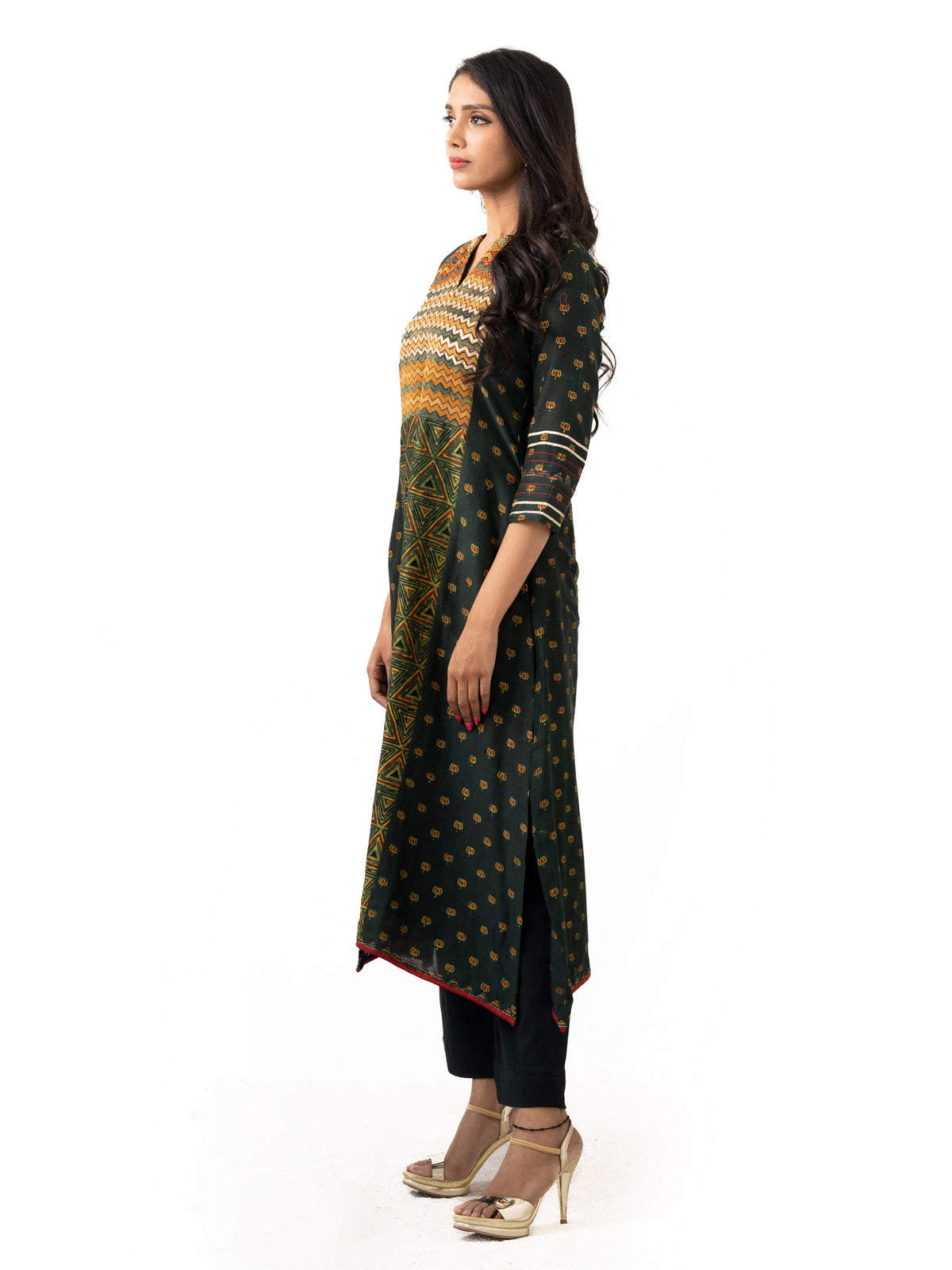 Ajrakh printed cotton chanderi dress paired with straight cut pants
