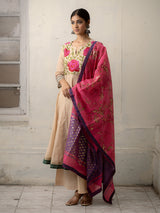 Beige Hand-Woven Cotton Embroidered Kurti with Pants and Golden Foil Print Dupatta