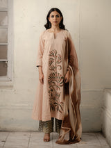 Beige Hand-Woven Cotton Kurti with Patchwork, Printed Pants and Shaded Dupatta