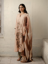 Beige Hand-Woven Cotton Kurti with Patchwork, Printed Pants and Shaded Dupatta
