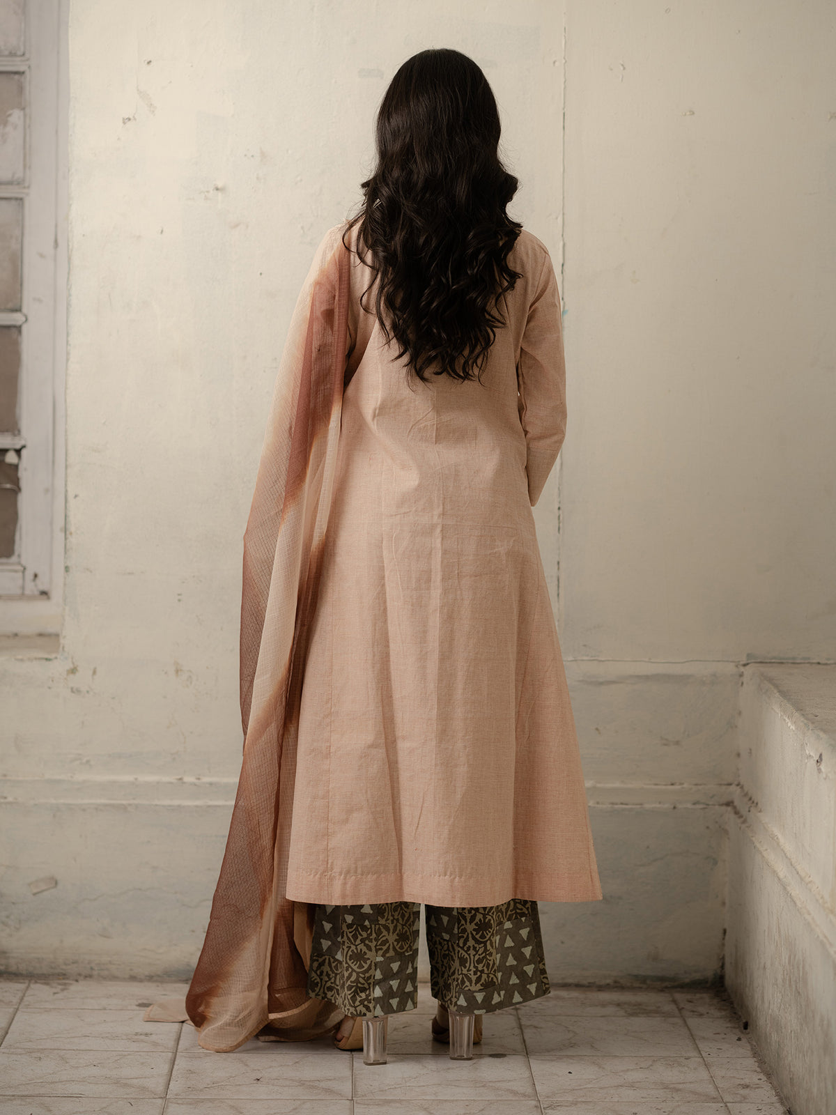 Beige Hand-Woven Cotton Kurti with Patchwork, Printed Pants and Shaded Dupatta