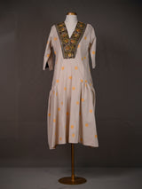 Beige Dress with Side Gathers, Buttis and Thread Work on V Neck