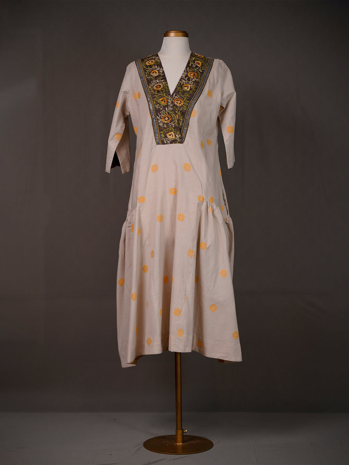 Beige Dress with Side Gathers, Buttis and Thread Work on V Neck