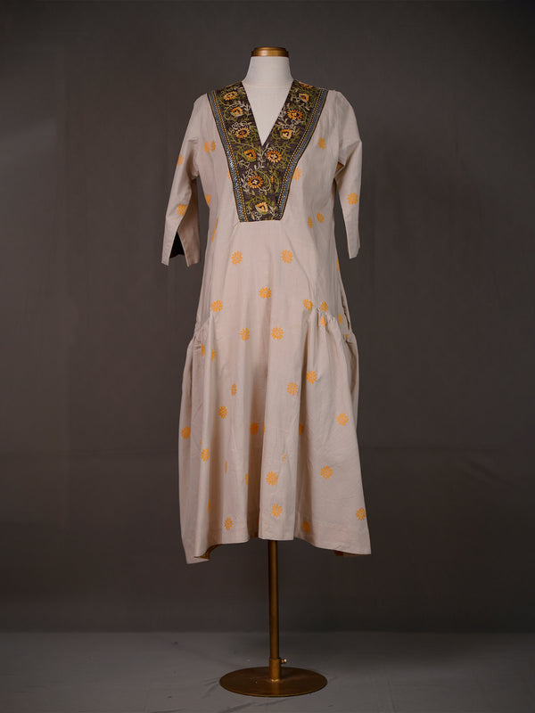 Beige Dress with Side Gathers, Buttis and Thread Work on V Neck