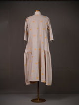 Beige Dress with Side Gathers, Buttis and Thread Work on V Neck