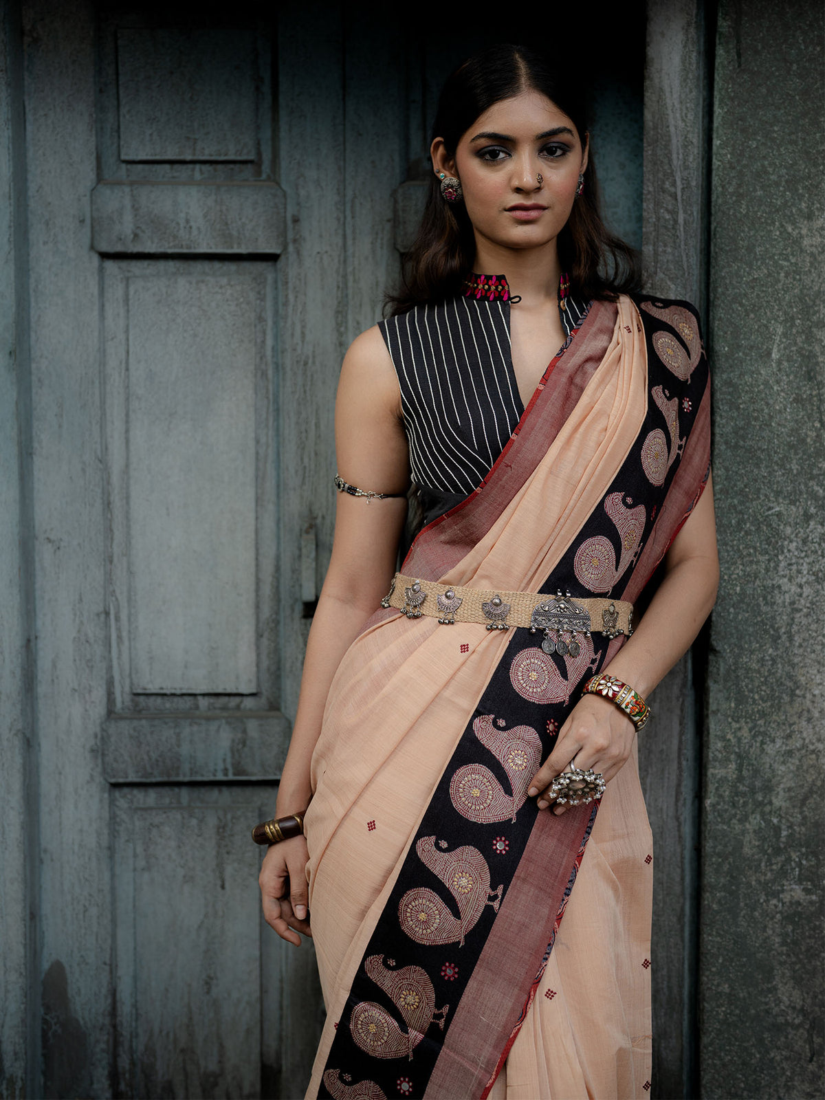 Beige Handwoven Cotton Saree with Contrast Border, Blouse, Pants