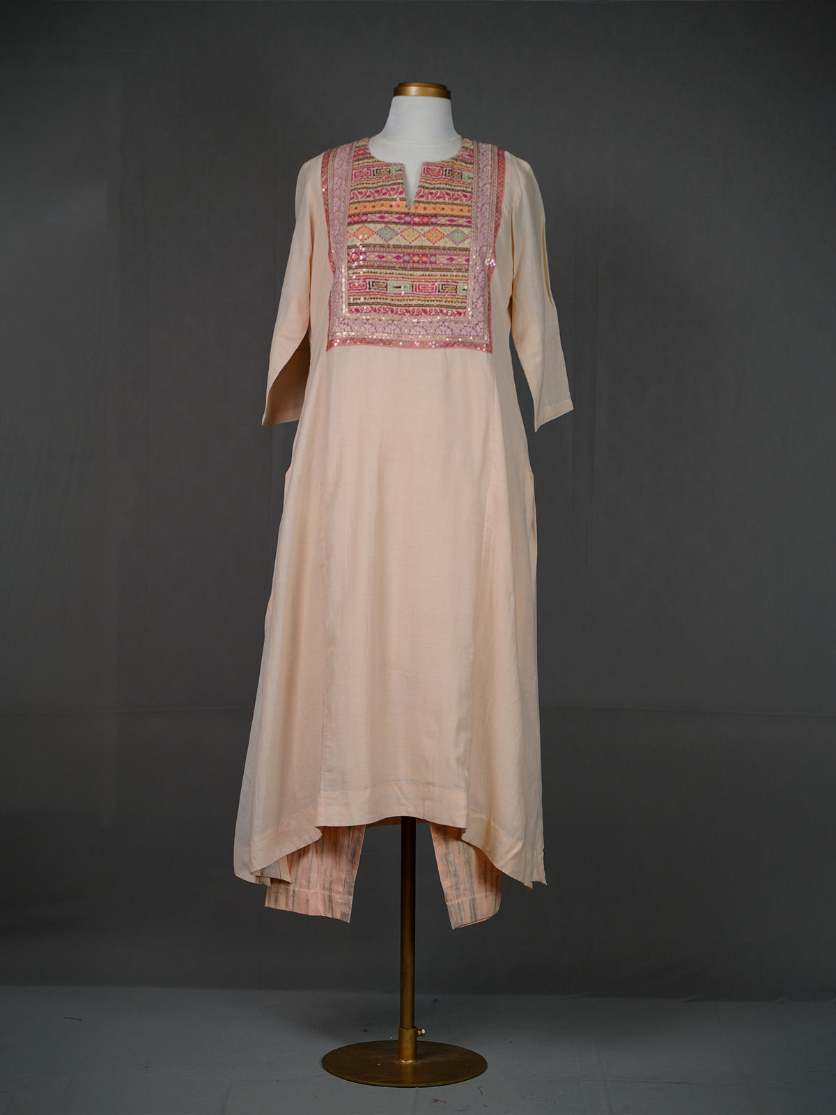 Beige Handwoven Kurti with Thread and Sequins Work Yoke n Pants