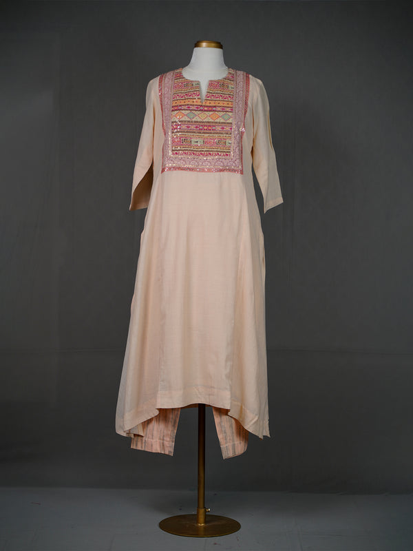 Beige Handwoven Kurti with Thread and Sequins Work Yoke n Pants