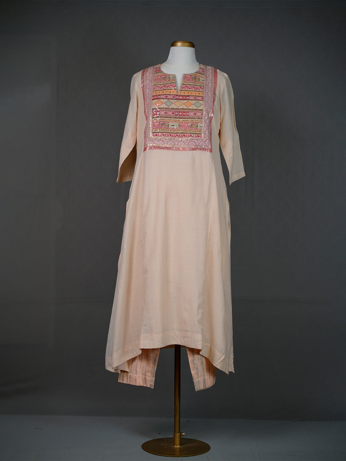 Beige Handwoven Kurti with Thread and Sequins Work Yoke n Pants