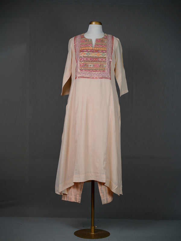 Beige Handwoven Kurti with Thread and Sequins Work Yoke n Pants