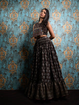 Black Ajrakh Print Lehenga With Hand Embroidered Blouse