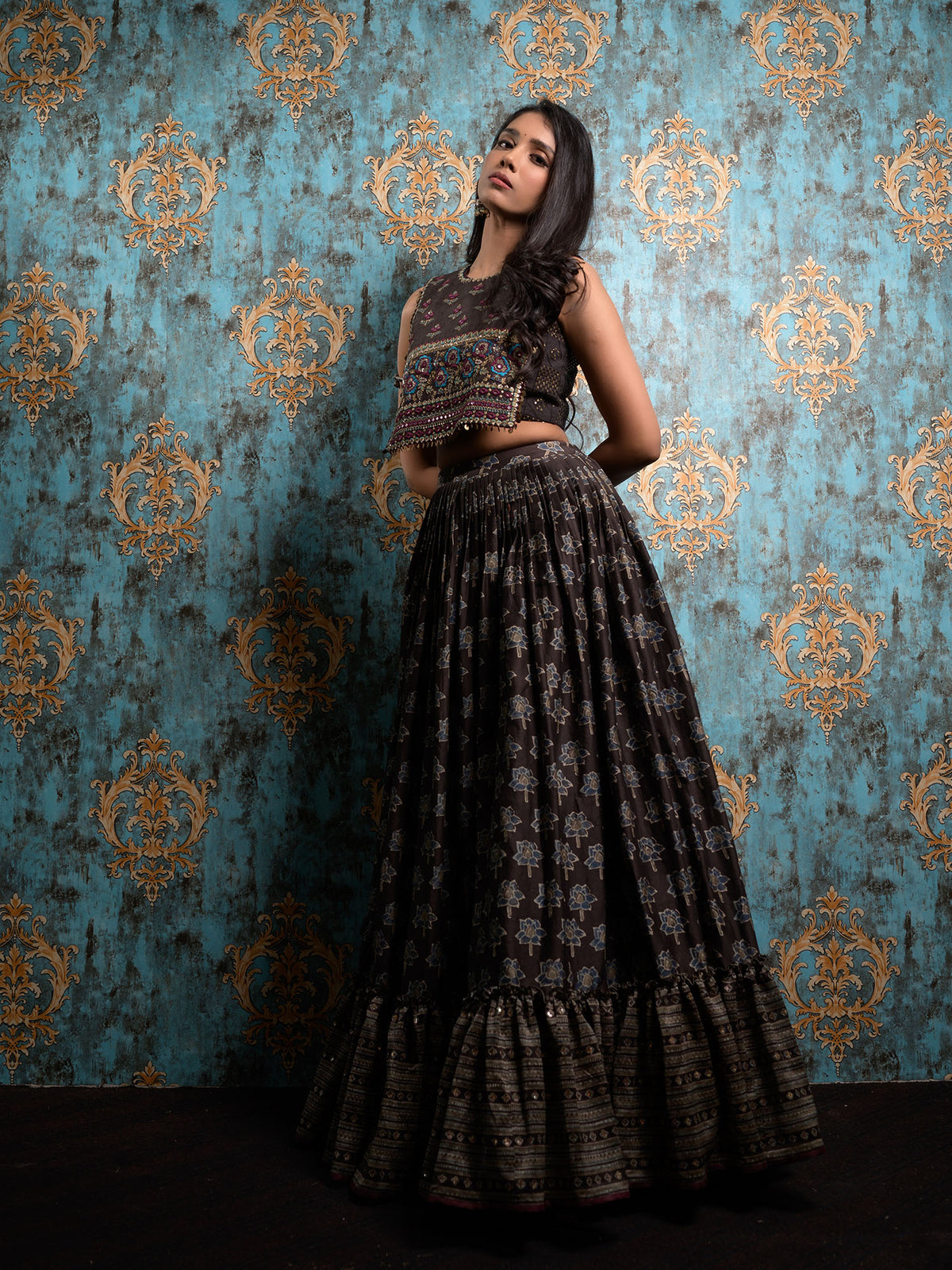 Black Ajrakh Print Lehenga With Hand Embroidered Blouse