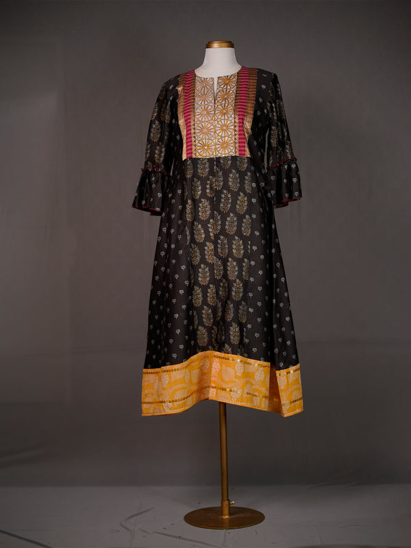 Black Chanderi Kurti with Ajrakh Print Panel and Thread Work Yoke