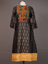 Black Chanderi Kurti with Ajrakh Print Panel and Thread Work Yoke