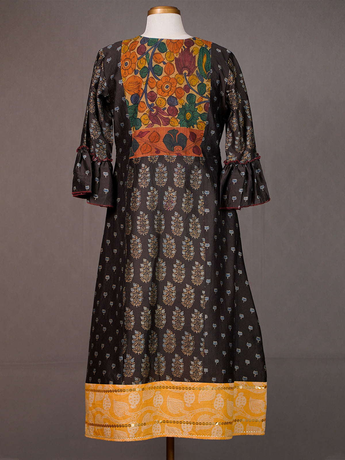 Black Chanderi Kurti with Ajrakh Print Panel and Thread Work Yoke