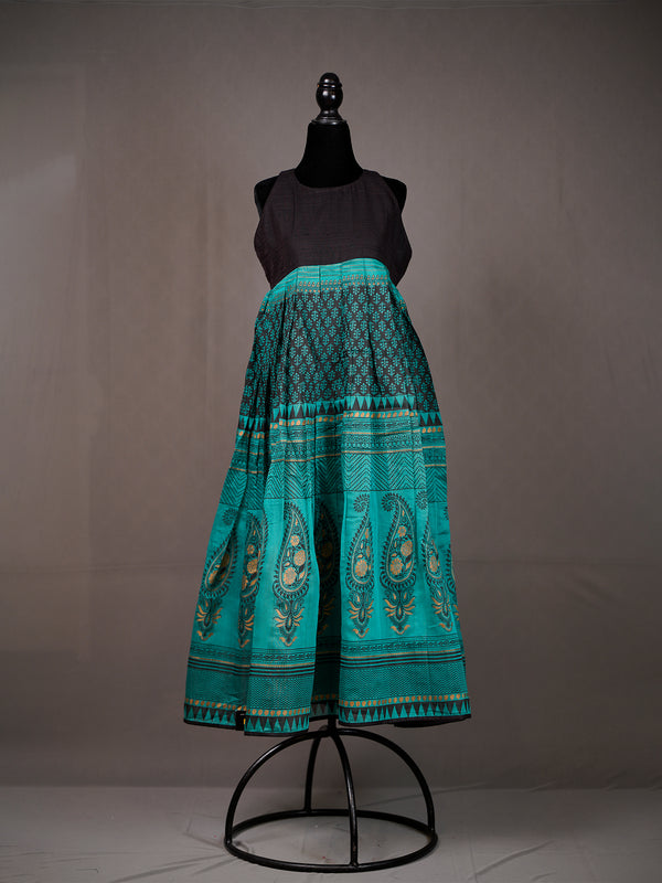 Blue Chanderi Silk Skirt with All Over Black and Gold Block Print