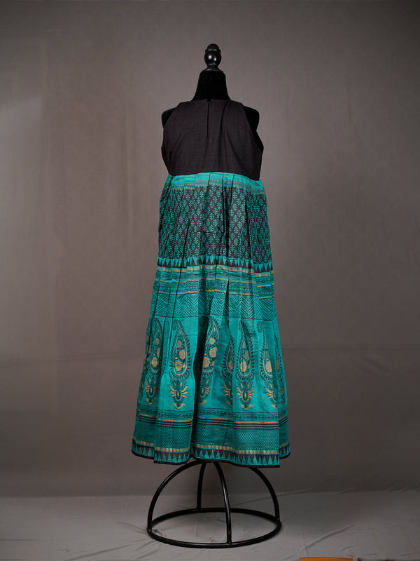 Blue Chanderi Silk Skirt with All Over Black and Gold Block Print