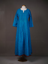 Blue Cotton Printed Long Kurti with Slit, Kalamkari Patch on Back