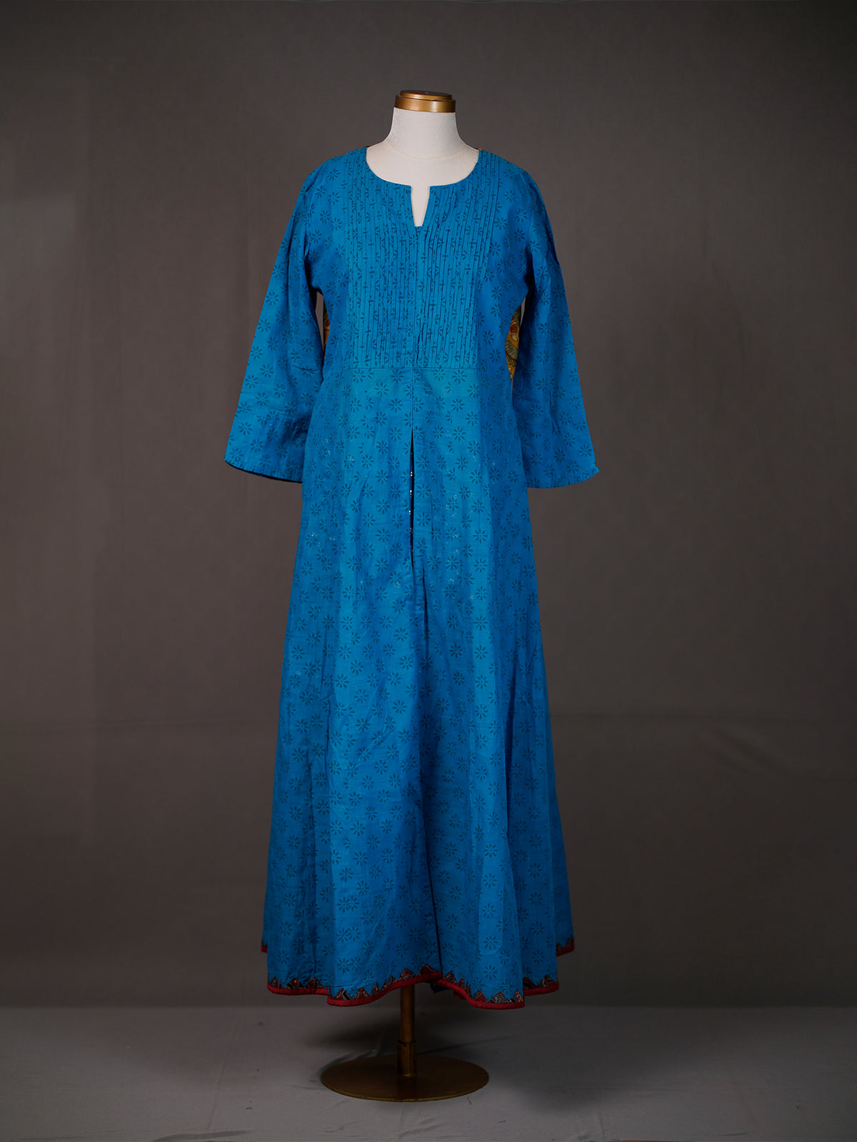 Blue Cotton Printed Long Kurti with Slit, Kalamkari Patch on Back