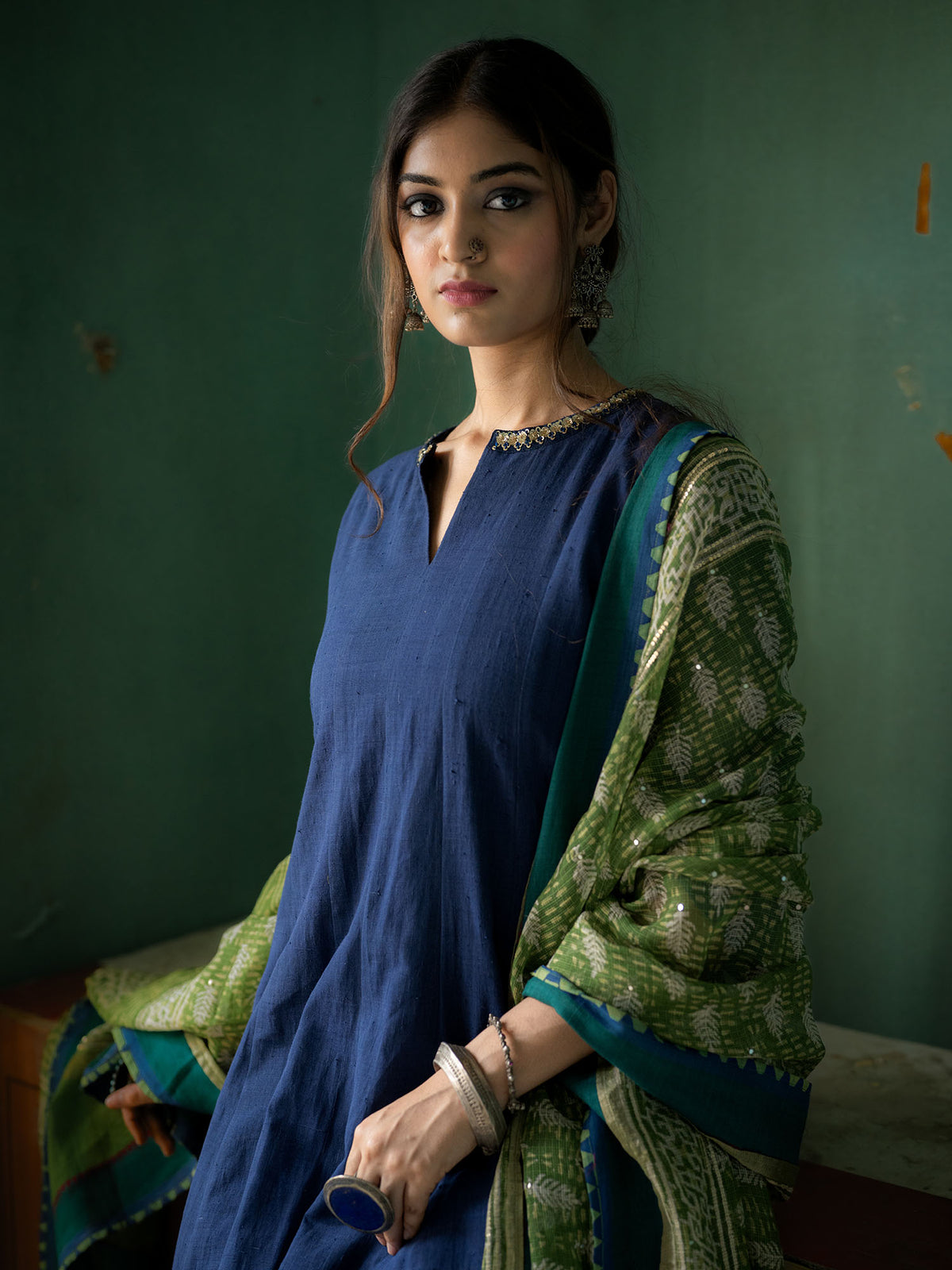 Blue Handwoven Cotton Kurti With Handwork, Contrast Dupatta