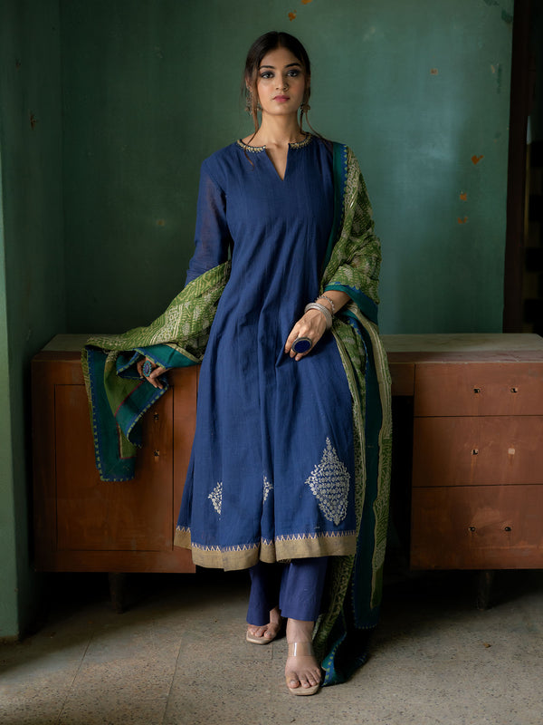 Blue Handwoven Cotton Kurti With Handwork, Contrast Dupatta