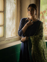Blue Handwoven Cotton Kurti With Handwork, Contrast Dupatta