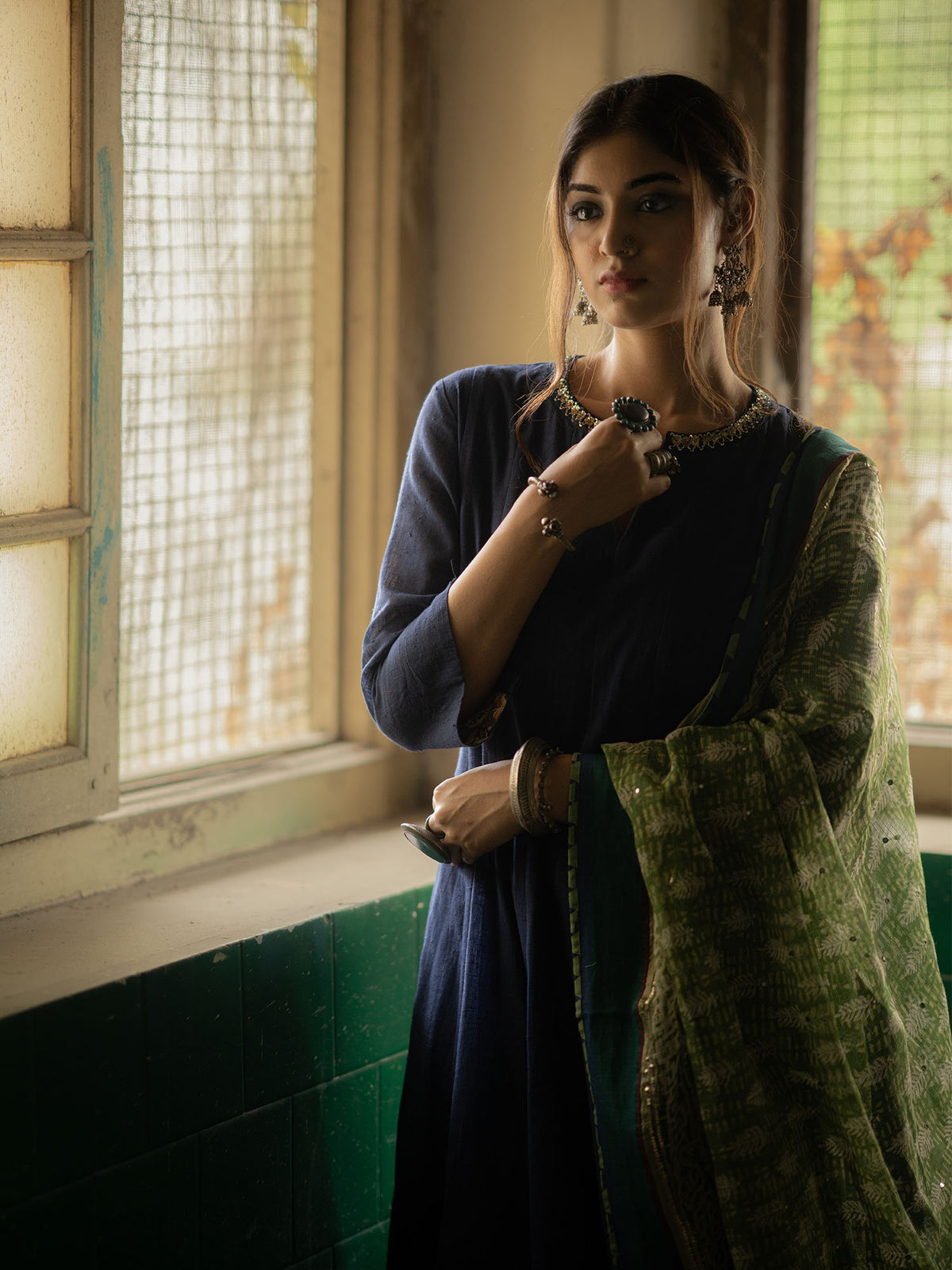 Blue Handwoven Cotton Kurti With Handwork, Contrast Dupatta