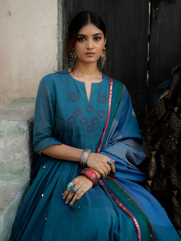 Blue Handwoven Cotton Kurti with Thread n Mirror Work, Dupatta