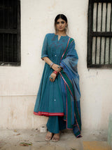 Blue Handwoven Cotton Kurti with Thread n Mirror Work, Dupatta