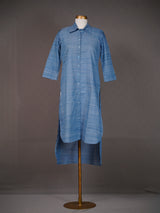 Blue Handwoven High-Low Plain Collared Top with Front Buttons