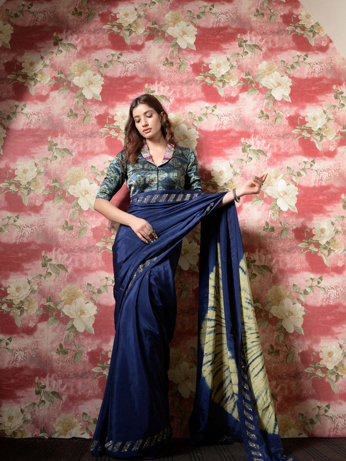Blue Tie and Dye Silk Sari with Ajrakh Print Mashru Silk Blouse