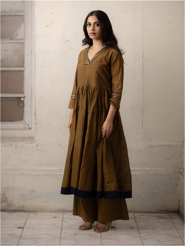 Brown Hand-Woven Cotton Kurti with Pita work Embroidery and Monochrome Pants