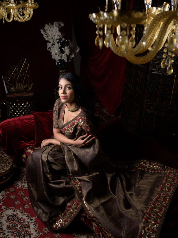 Brown Silk Tissue Hand Embroidered Sari with Raw Silk Blouse