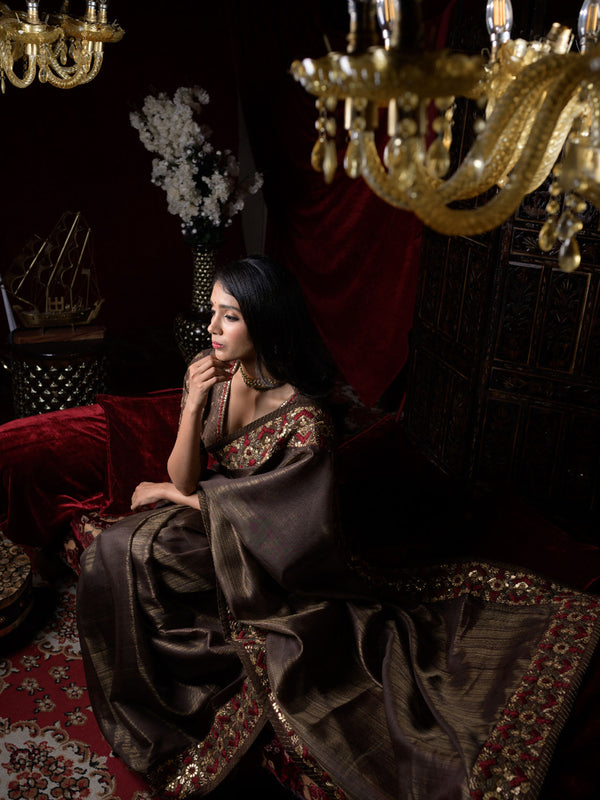 Brown Silk Tissue Hand Embroidered Sari with Raw Silk Blouse