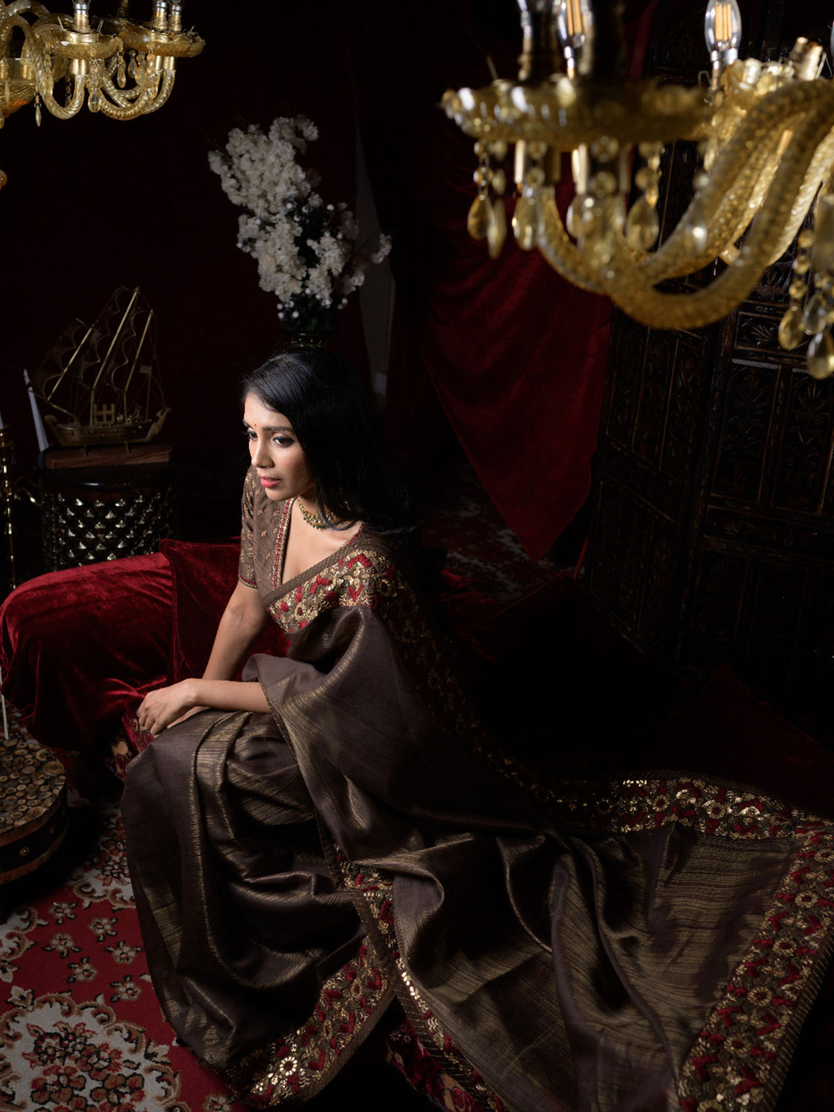Brown Silk Tissue Hand Embroidered Sari with Raw Silk Blouse