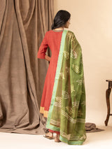 Burnt red handloom checkered kalidar with a green printed Kota dupatta highlighted with sequins, paired with loose pants