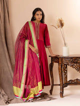 Chanderi kali top in cherry red paired with a tissue-printed Kota dupatta and lycra pants