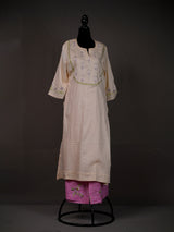 Cream Cotton Kurti with Thread Work, Pintucks and Pink Pants
