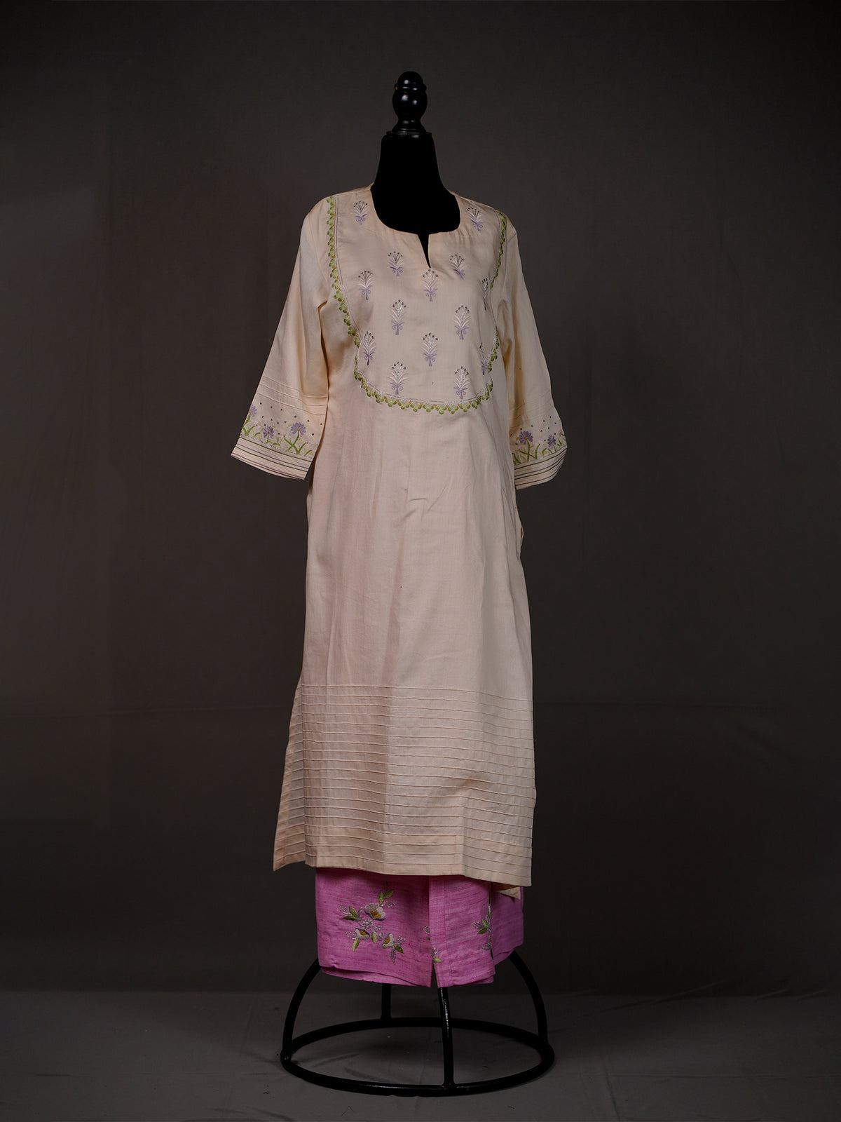 Cream Cotton Kurti with Thread Work, Pintucks and Pink Pants