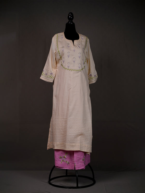 Cream Cotton Kurti with Thread Work, Pintucks and Pink Pants