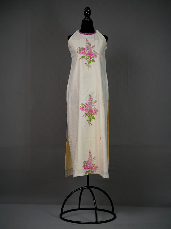 Cream Halter Neck Kurti with Floral Block Print and Sequins Work